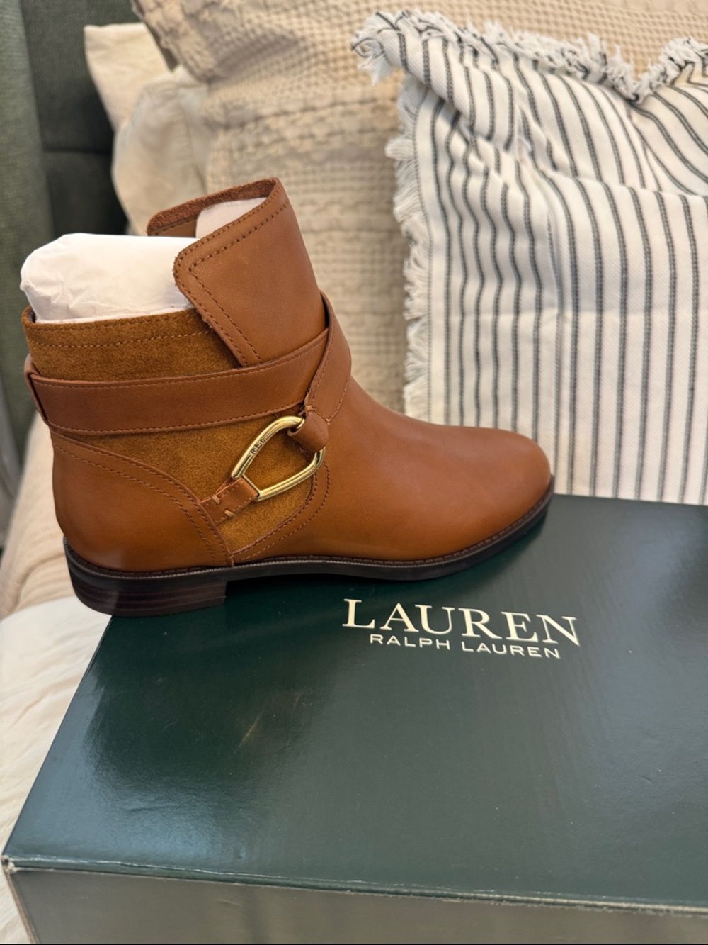 Lauren Ralph Lauren Cognac Leather Ankle Boot with Gold Buckle